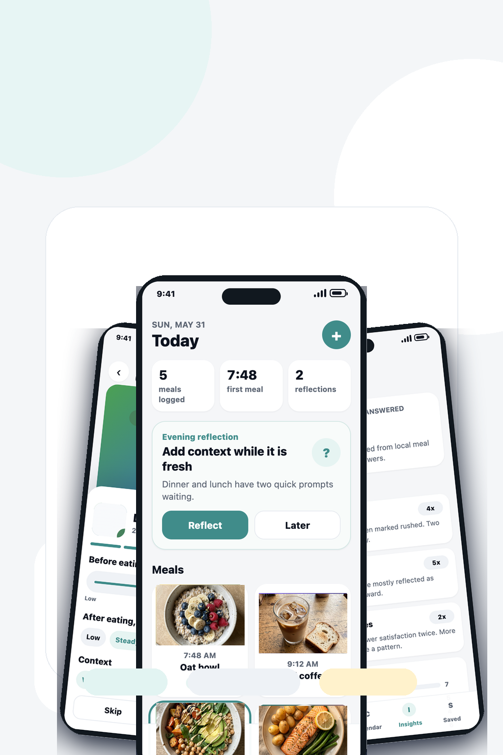Three PlateKeep app screens showing a visual meal diary with real meal photos and private reflections